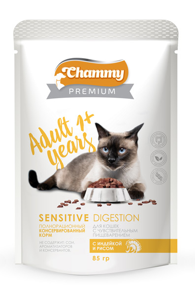 Полнорационный консервированный корм для кошек с чувствительным пищеварением: с индейкой и рисом